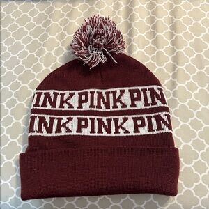 VS PINK Maroon and White Pom-Pom Beanie